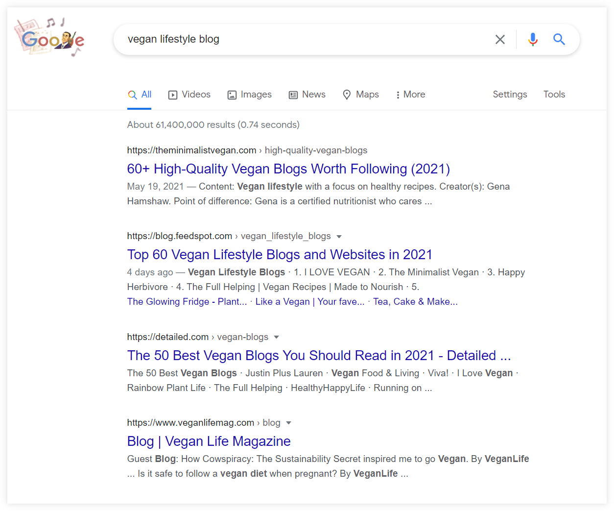 Google SERP for the keyword "vegan lifestyle blog"