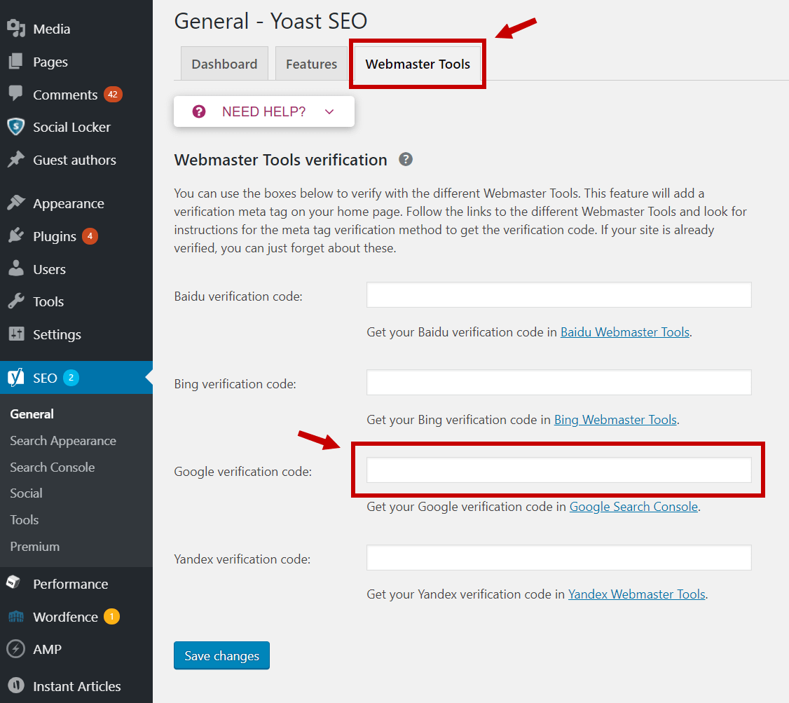 yoast seo search console verification