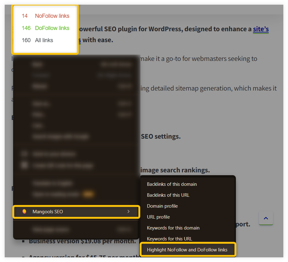Nofollow and dofollow link on the page via Mangools SEO extension - example
