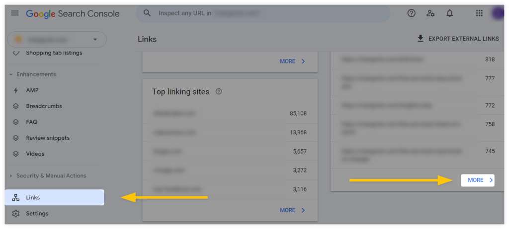 checking internal links via Google Search Console - example